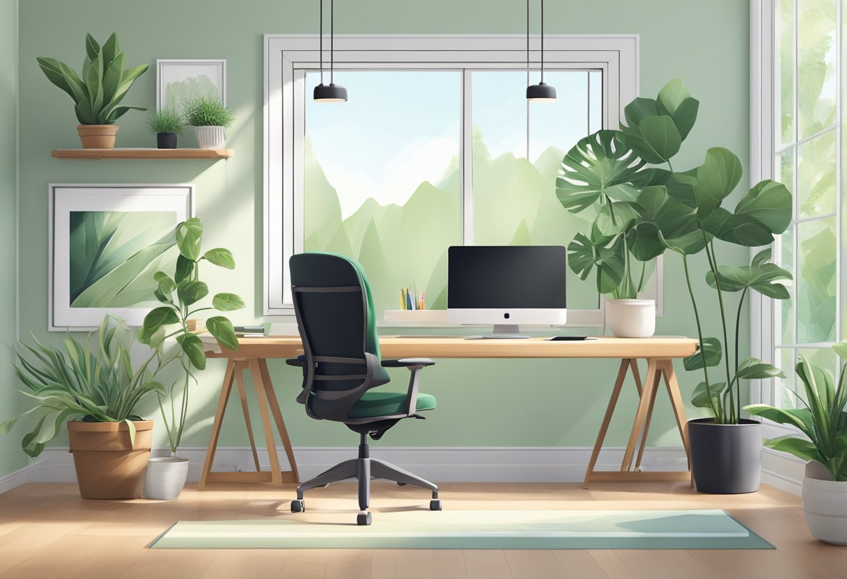 A modern home office setup with a desk, computer, and ergonomic chair in a bright, organized space with natural light and green plants
