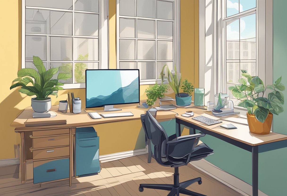 A cluttered desk with a computer, notebook, and coffee mug. A window with natural light. A comfortable chair and a plant in the corner