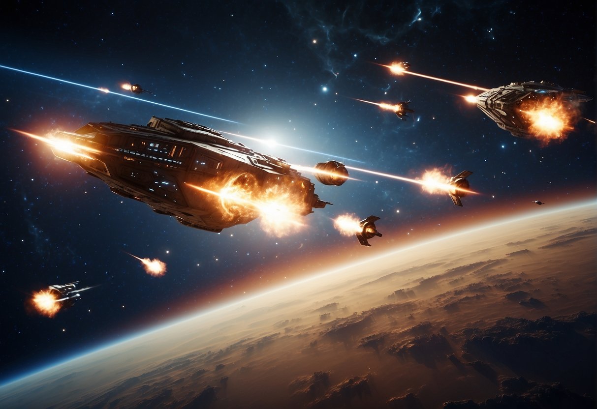 The space battle rages on, with sleek and powerful spacecraft engaging in strategic maneuvers. Explosions and laser fire light up the dark expanse, showcasing the intense and visually stunning spectacle of intergalactic warfare