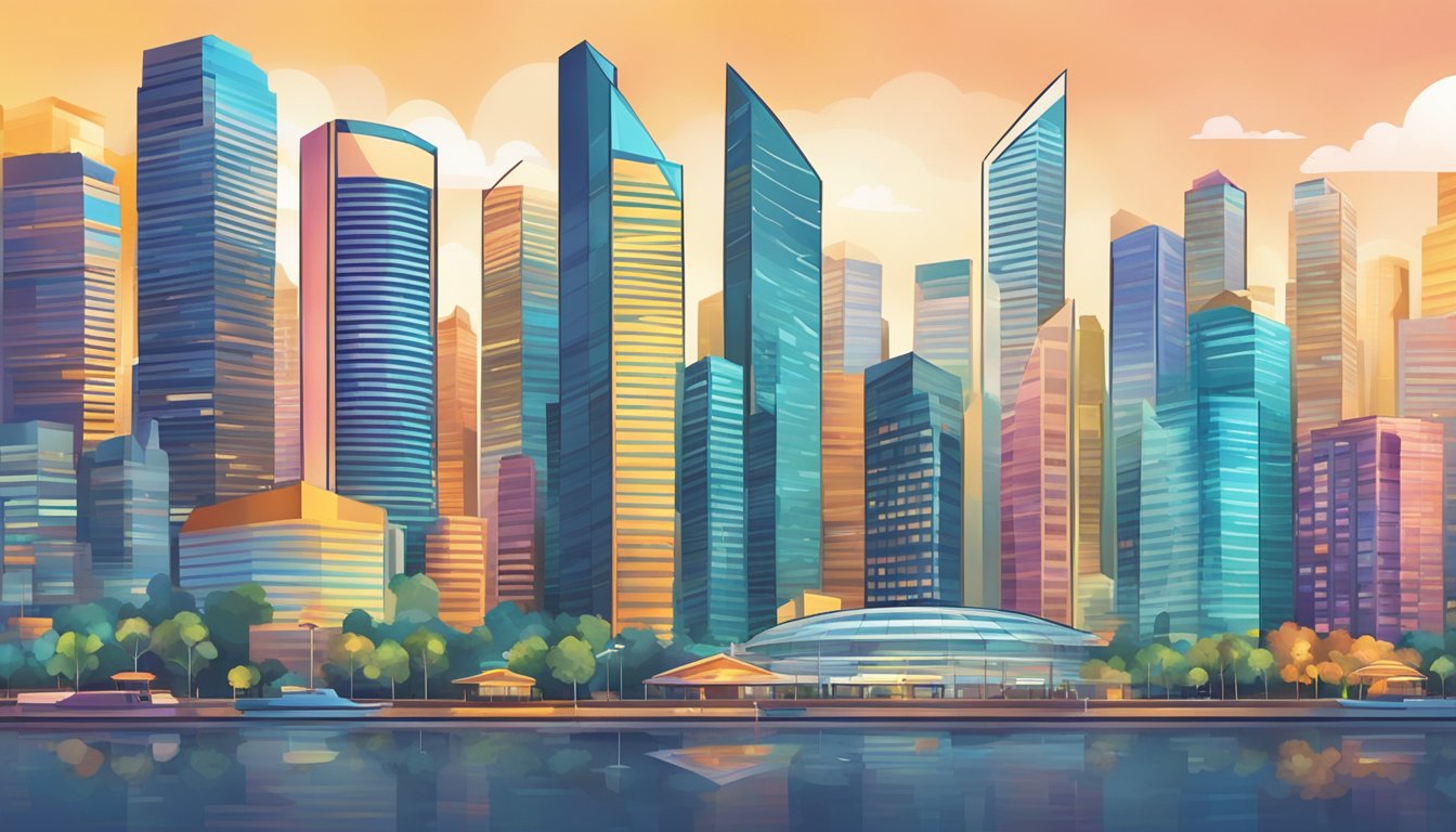 A vibrant city skyline with a prominent financial district, showcasing modern buildings and a bustling atmosphere, symbolizing the concept of a short term endowment plan in Singapore