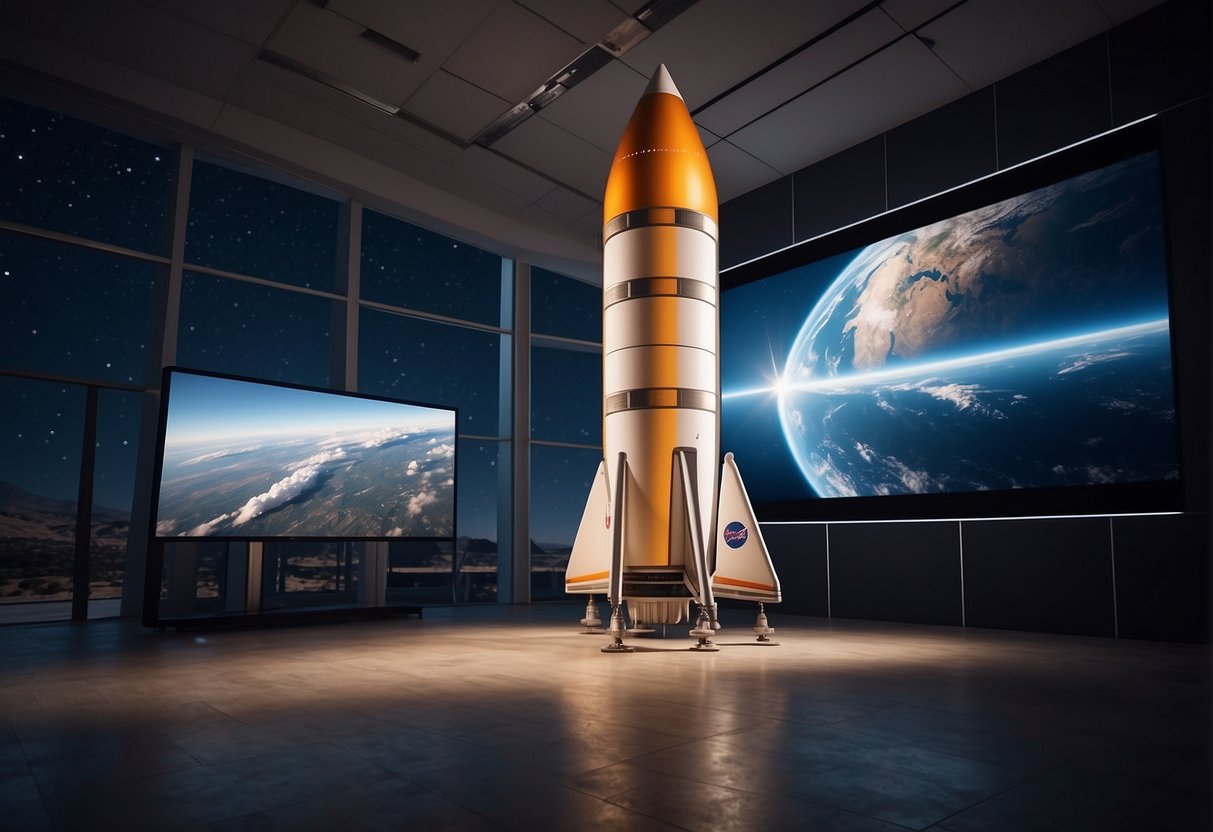 A historical rocket stands next to a modern rocket, showcasing the evolution of space technology. The rocket equation is displayed on a screen, adding realism to the launch scene