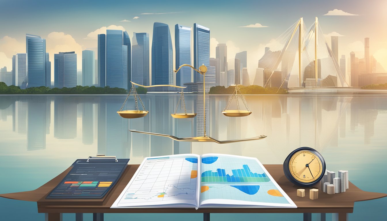 A table with a scale balancing benefits and risks, surrounded by financial charts and graphs, with the skyline of Singapore in the background