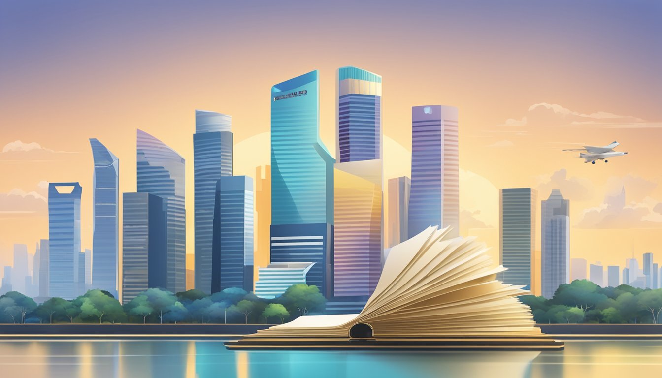A stack of official documents surrounded by a shield, symbolizing protection, with a backdrop of the Singapore skyline