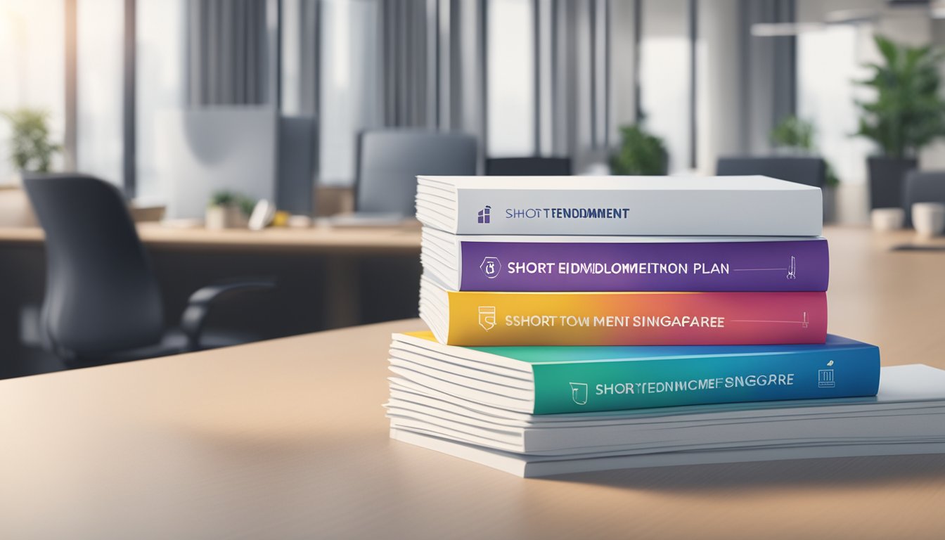 A stack of FAQ brochures on a desk, with a sign reading "Short Term Endowment Plan Singapore" in a corporate office setting