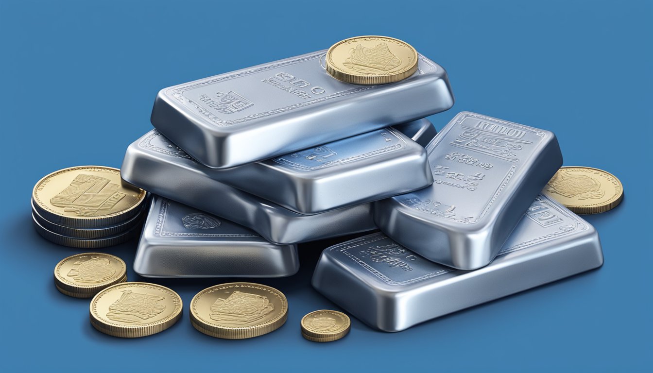 A stack of silver bars and coins displayed against a blue background with the UOB logo and price information