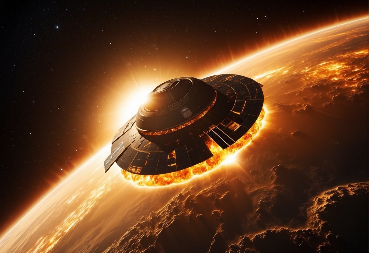 A spacecraft hurtles towards the blazing sun, surrounded by solar flares and intense heat. The fiery surface of the sun dominates the backdrop, casting a warm glow over the entire scene