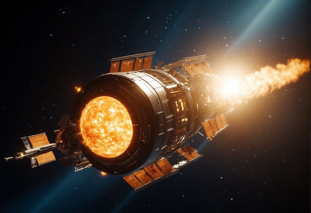 A spacecraft hurtles towards the blazing sun, its heat shield glowing red-hot as it battles against the intense radiation and solar winds