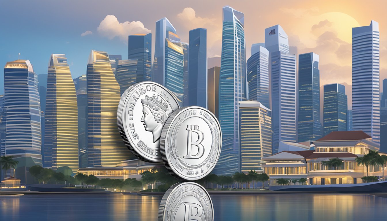 A stack of silver coins with the UOB logo, set against a backdrop of the Singapore skyline