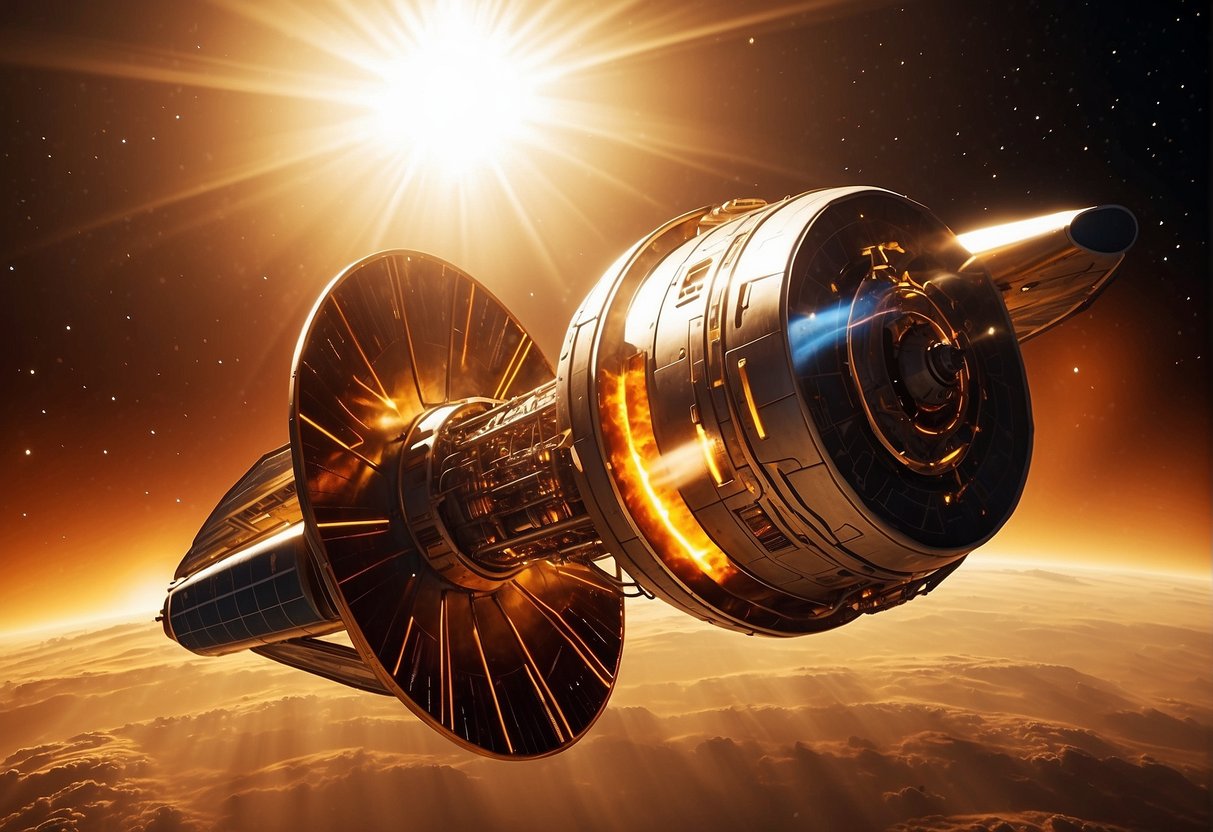 A spacecraft approaches the blazing sun, its golden rays casting a warm glow on the sleek, metallic surface. The intense heat and energy of the sun are depicted through vibrant colors and dynamic lines