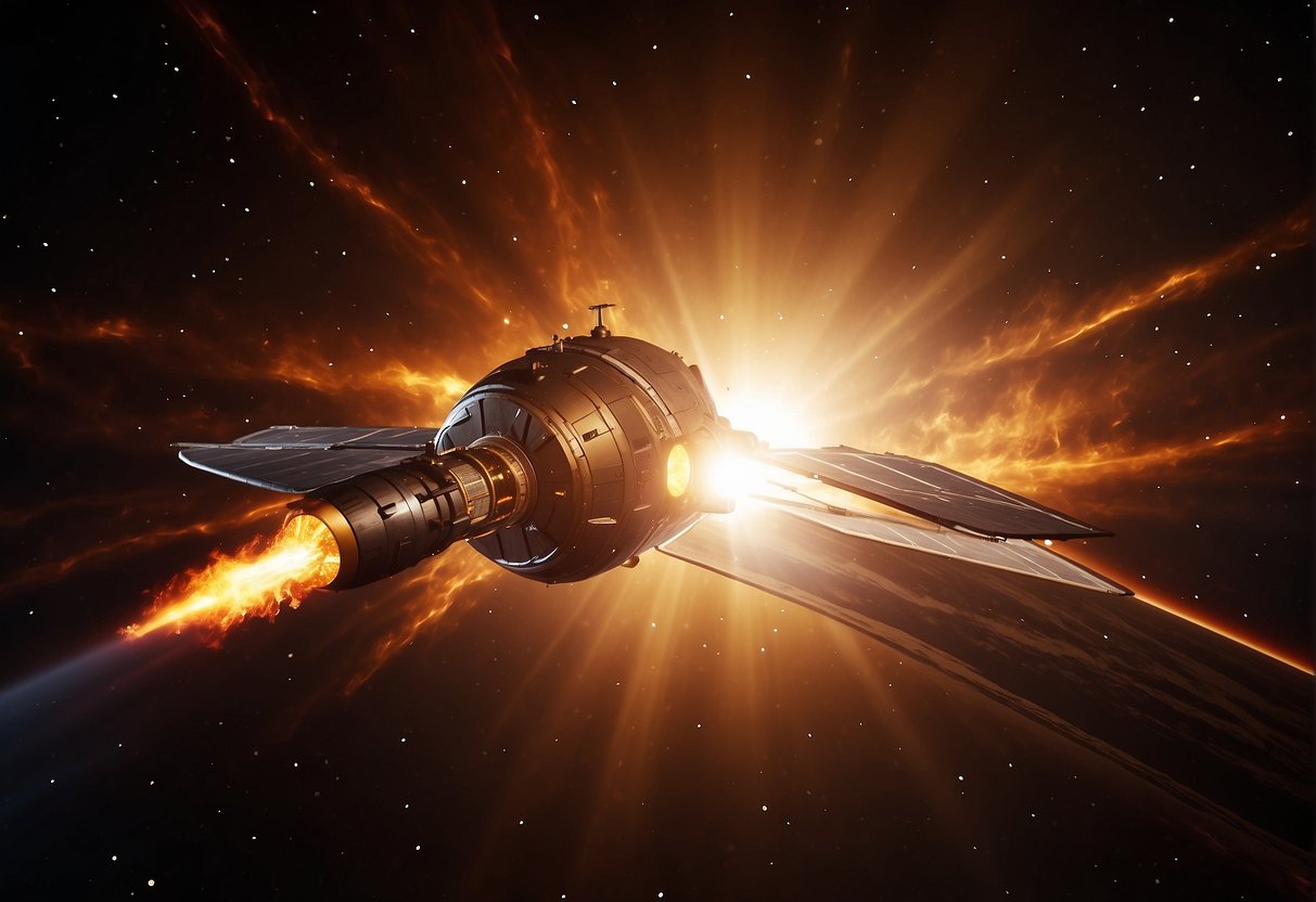 A spacecraft hurtles towards the blazing sun, its heat radiating in fiery waves. The solar flares dance and flicker, creating a mesmerizing display of light and energy