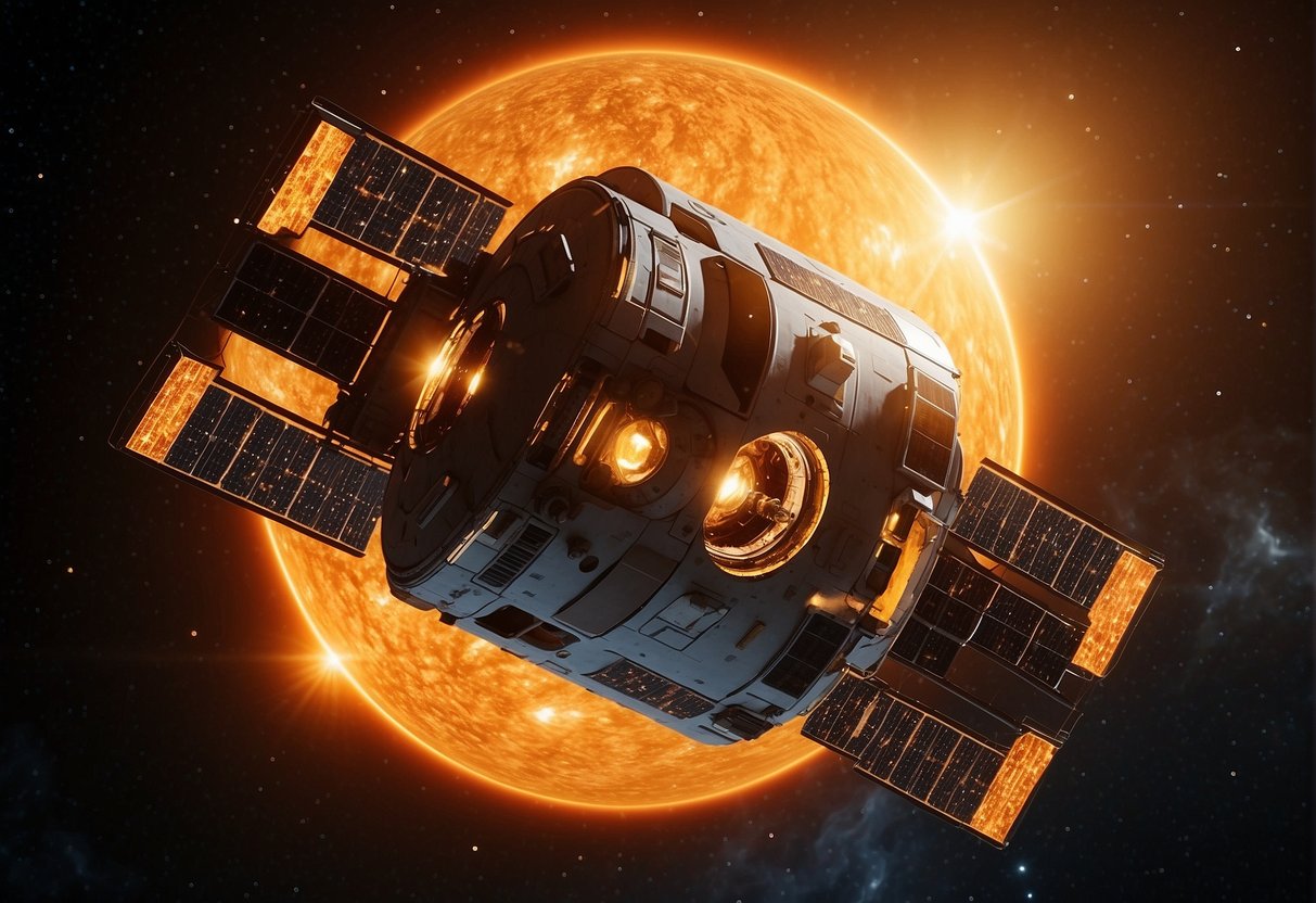 A spacecraft approaches the blazing sun, surrounded by solar flares and intense heat. The mission's name, "Frequently Asked Questions Sunshine," is visible on the spacecraft