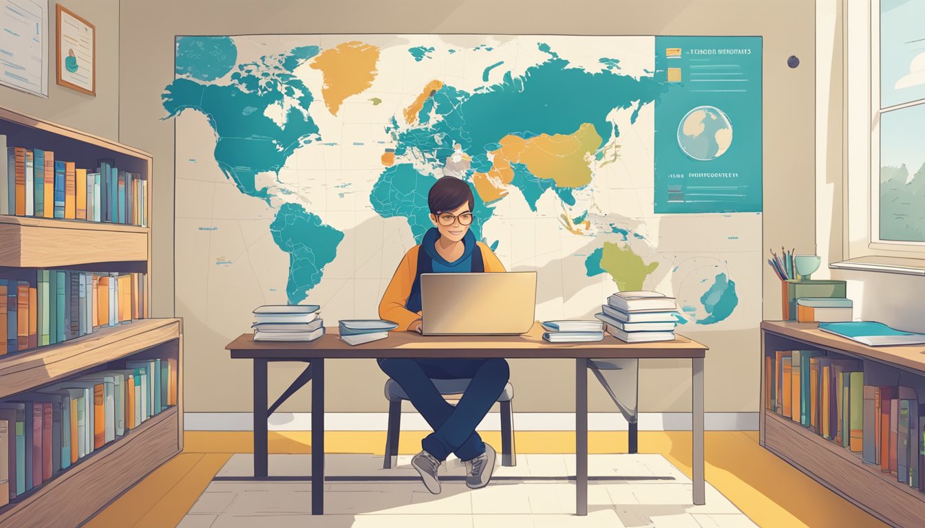 A student sits at a desk, surrounded by books and a laptop. A map of the education journey is displayed on the wall, with pathways and milestones