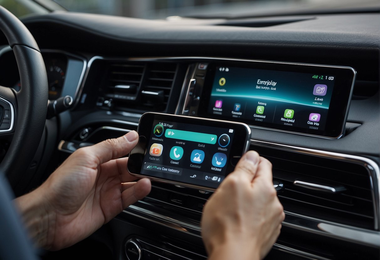 An Android device integrates Apple Carplay functionality, showing seamless connection and control of car features through the device's interface