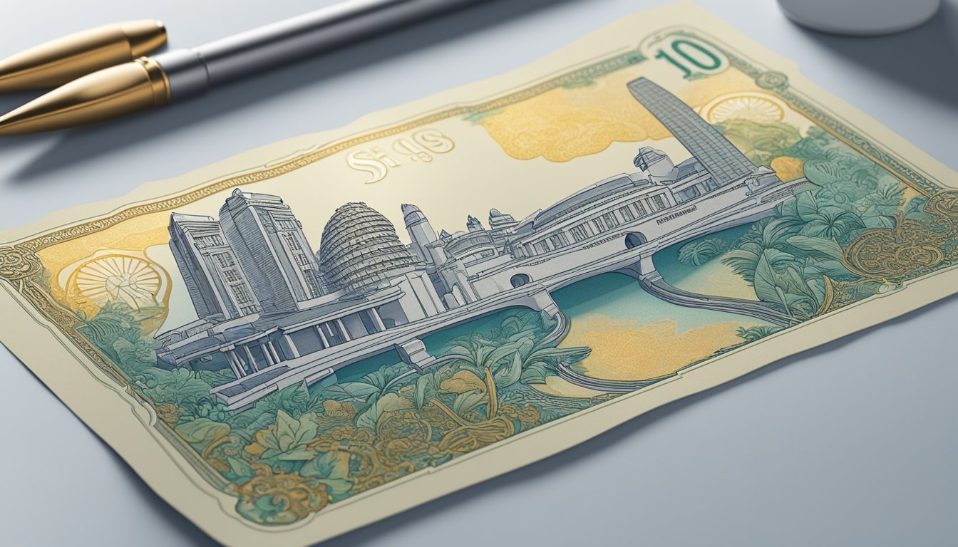 A Singapore $10,000 note lies on a clean, well-lit surface, featuring intricate designs and the country's iconic symbols