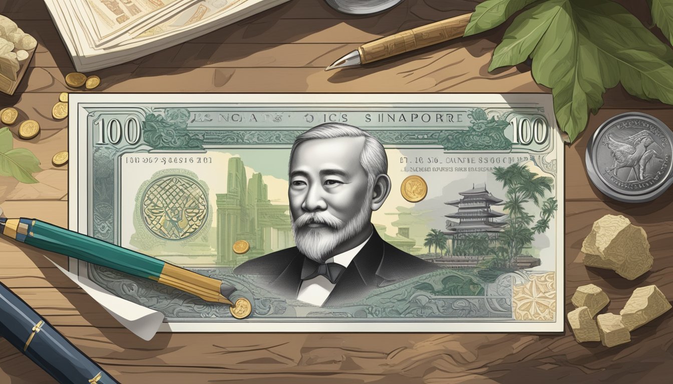 A Singapore $10,000 note lying on a polished wooden desk, surrounded by historical artifacts and symbols of Singapore's significance