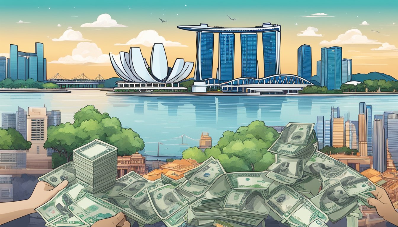 A Singapore $10000 note being used for a transaction, with various economic symbols and landmarks of Singapore in the background
