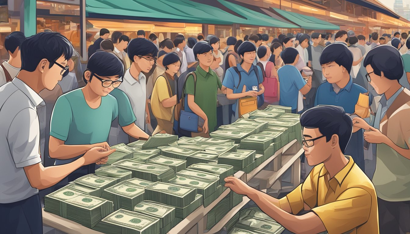 A Singapore $10,000 note being exchanged among collectors in a bustling marketplace