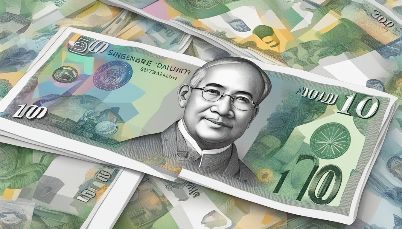 A $10,000 Singapore note surrounded by contemporary issues like technology, sustainability, and diversity