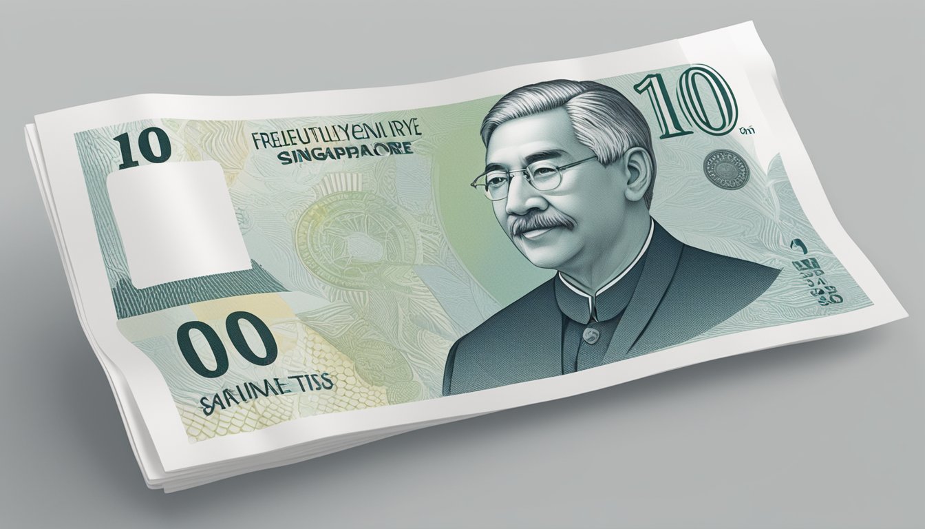 A crisp Singapore $10,000 note lies on a clean, white surface, with the words "Frequently Asked Questions" visible in bold, clear print