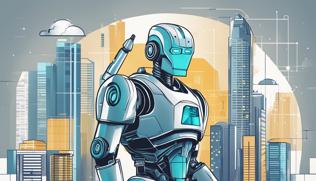 A futuristic robot in Singapore, surrounded by financial charts and graphs, representing the city's best robo advisor