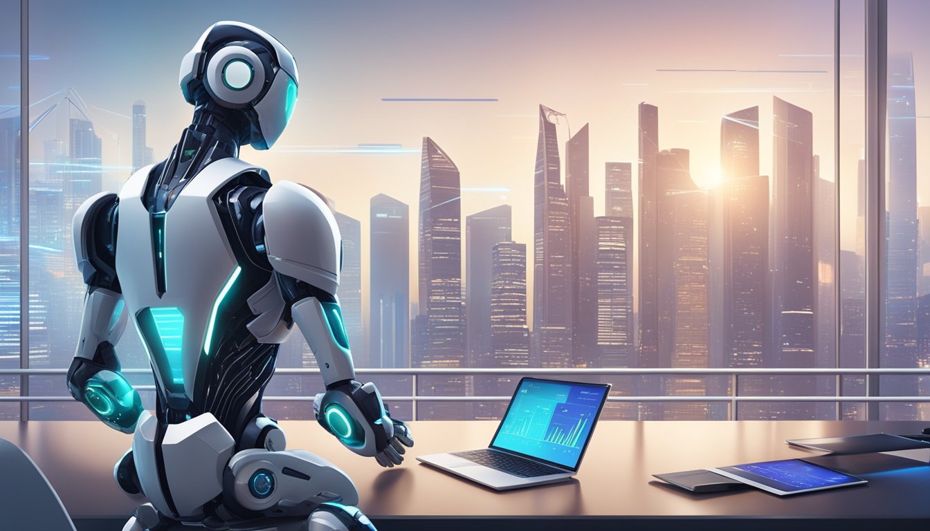 A sleek, futuristic Robo-Advisor interface with Singapore skyline in the background. Charts and graphs display investment data