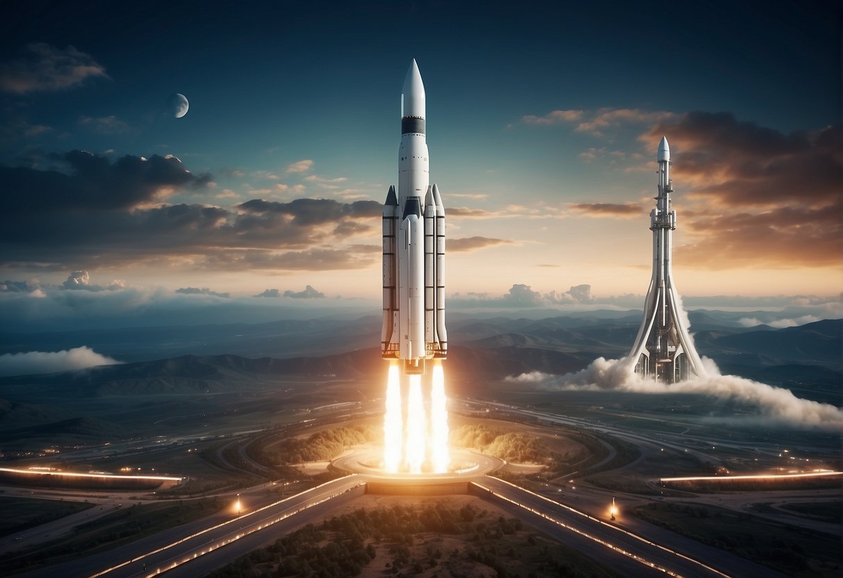 Reimagining Space Exploration - A rocket launches from a futuristic spaceport, with sleek, advanced technology and bustling activity, showcasing a reimagined vision of space exploration
