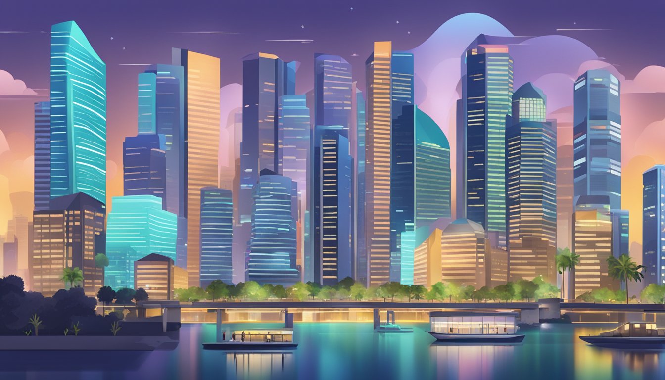 A bustling financial district in Singapore with skyscrapers and digital screens displaying investment strategies and portfolio management services offered by the best robo advisors