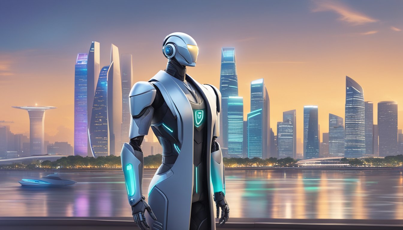 A sleek, futuristic robo-advisor stands against a backdrop of Singapore's skyline, showcasing the city's cutting-edge innovations and trends in financial technology