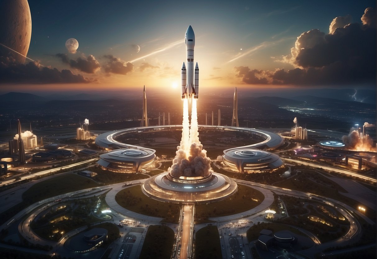 A rocket launches from a futuristic spaceport, surrounded by advanced technology and bustling activity, symbolizing a reimagined approach to space exploration in an alternate history