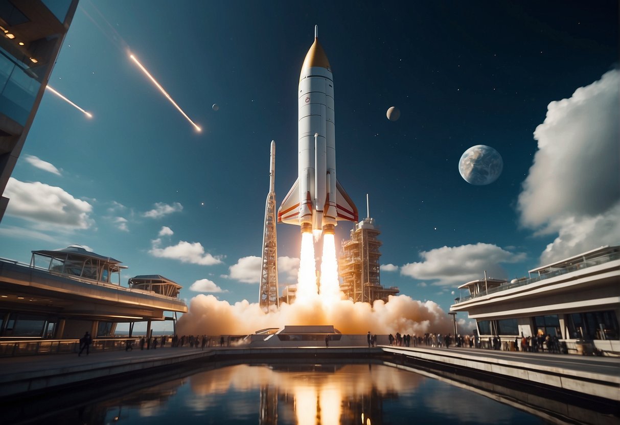 A rocket launches from a futuristic spaceport, surrounded by advanced technology and bustling activity, showcasing the progress of space exploration in the alternate history of "For All Mankind"