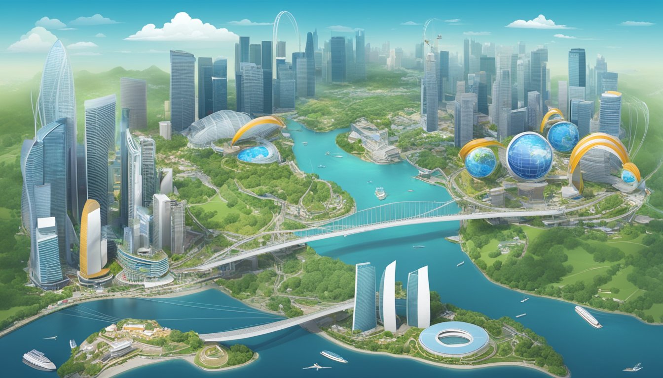 An aerial view of Singapore's broadband landscape, with various internet providers' logos and speed comparisons displayed on a digital map