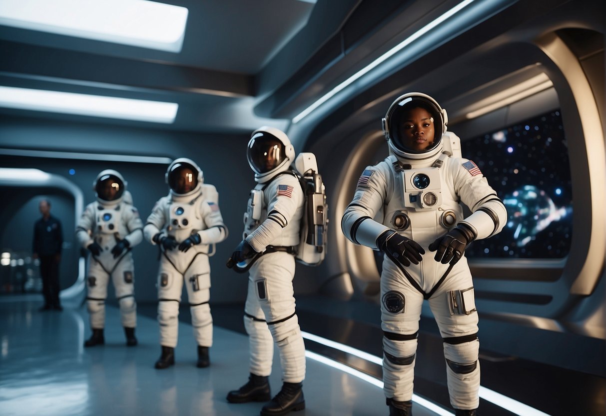 A diverse group of astronauts stand in front of a futuristic spacecraft, representing a new era of inclusive space exploration