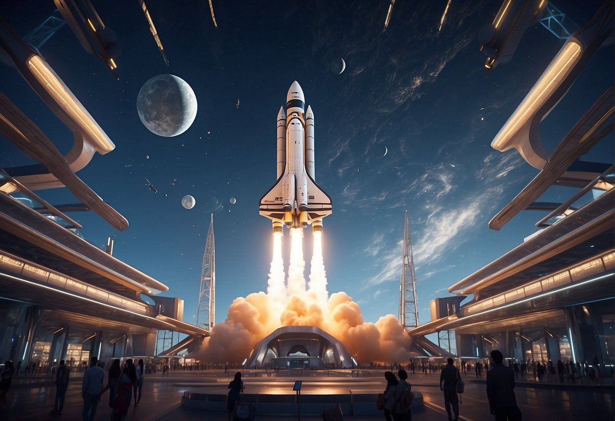 A rocket launches from a futuristic spaceport, with sleek, advanced spacecraft and bustling activity, showcasing a reimagined vision of space exploration