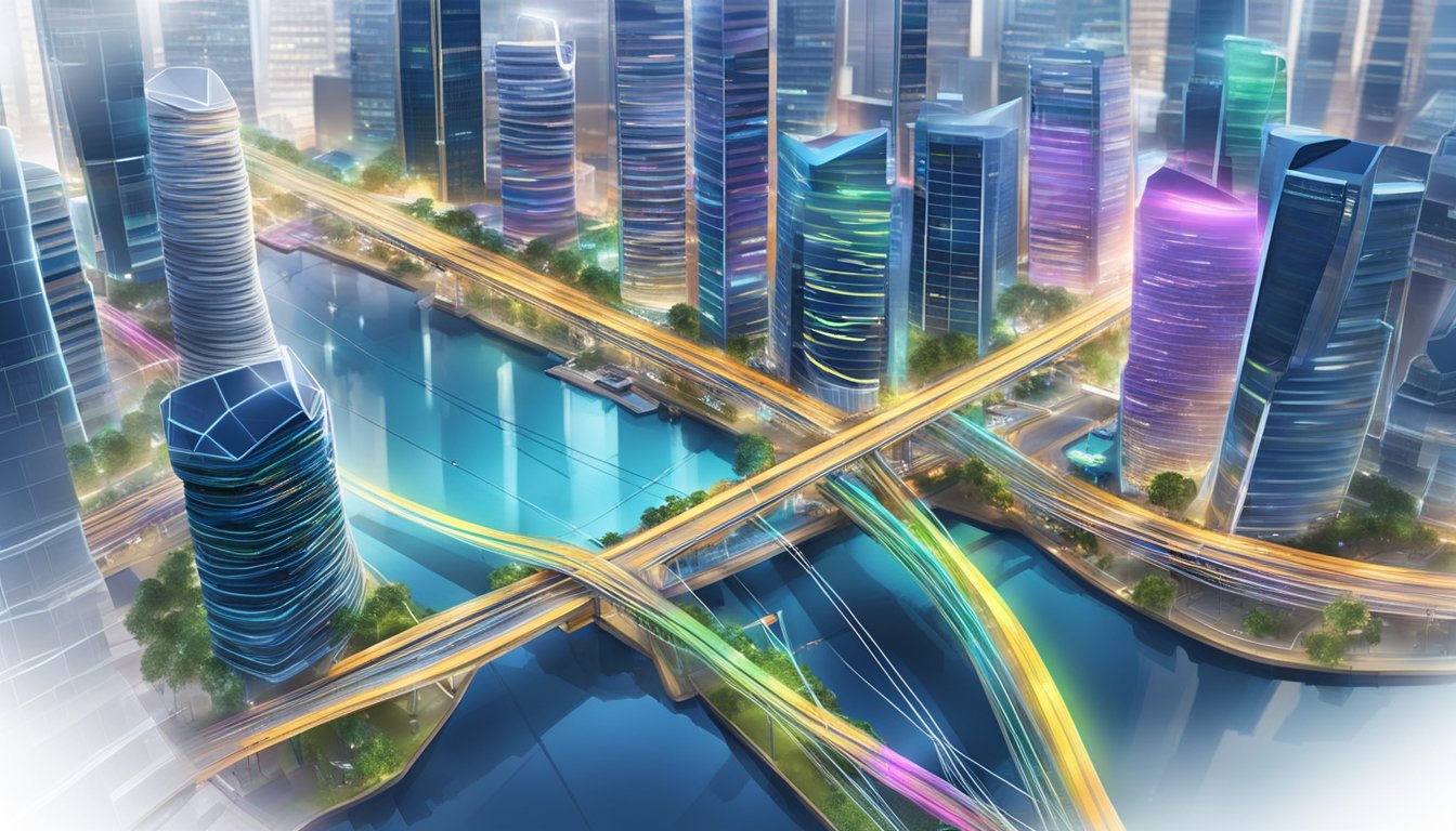 A network of high-speed broadband cables weaving through a modern cityscape, connecting gaming and streaming hubs in Singapore