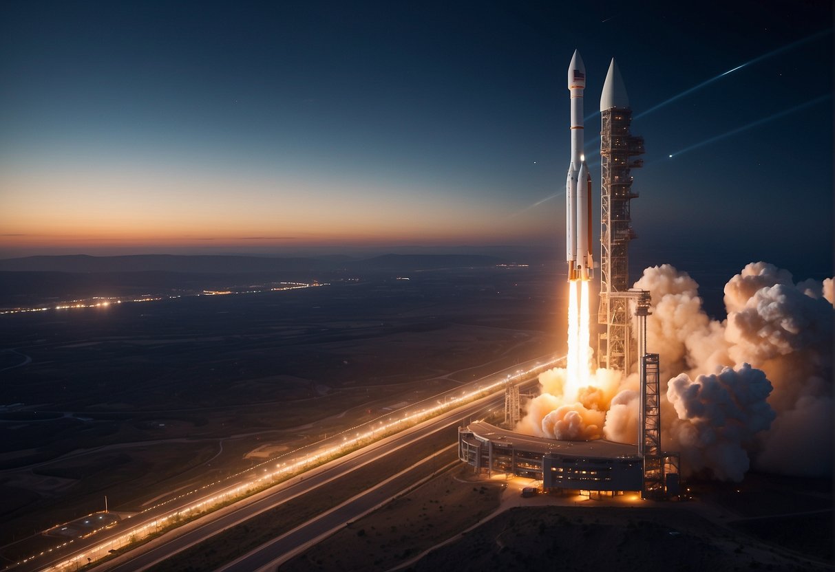 A rocket launches from a futuristic spaceport, with sleek and advanced spacecraft lining the launch pads. The night sky is illuminated by the fiery trail of the ascending rocket, showcasing the excitement and ambition of space exploration in an alternate history