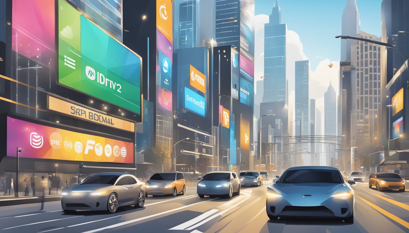 A bustling cityscape with various internet providers' logos displayed on billboards, while speedometer icons float above, comparing broadband speeds