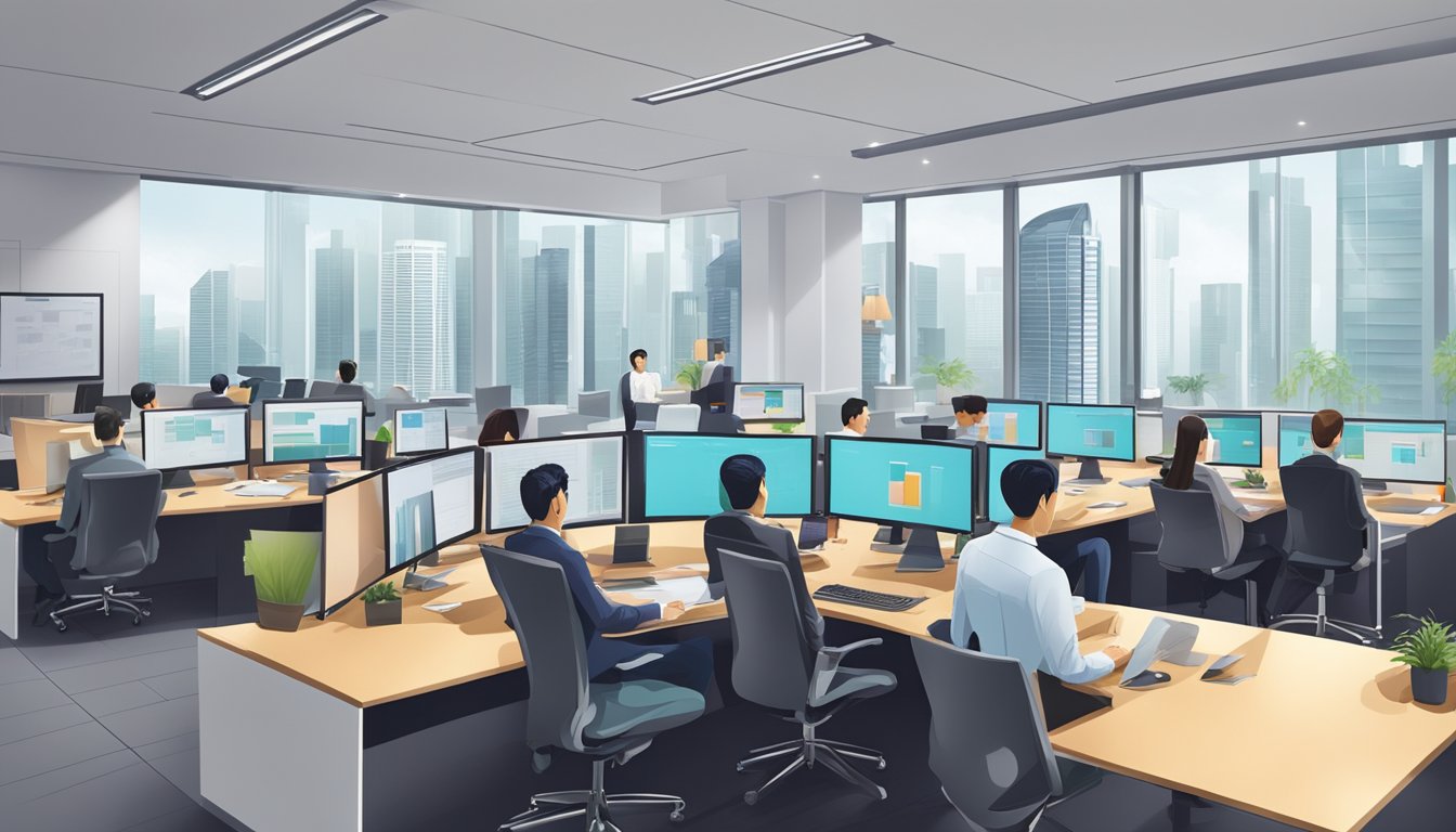 A bustling Singapore brokerage office with modern decor and a team of professionals reviewing financial data and discussing investment strategies