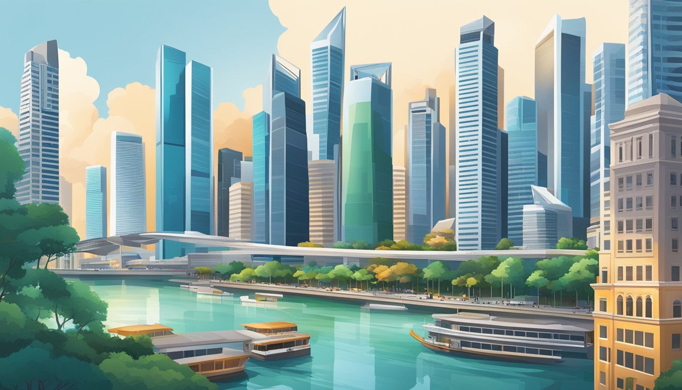 A bustling cityscape with iconic Singapore skyscrapers and financial district landmarks, showcasing the diverse and competitive brokerage landscape