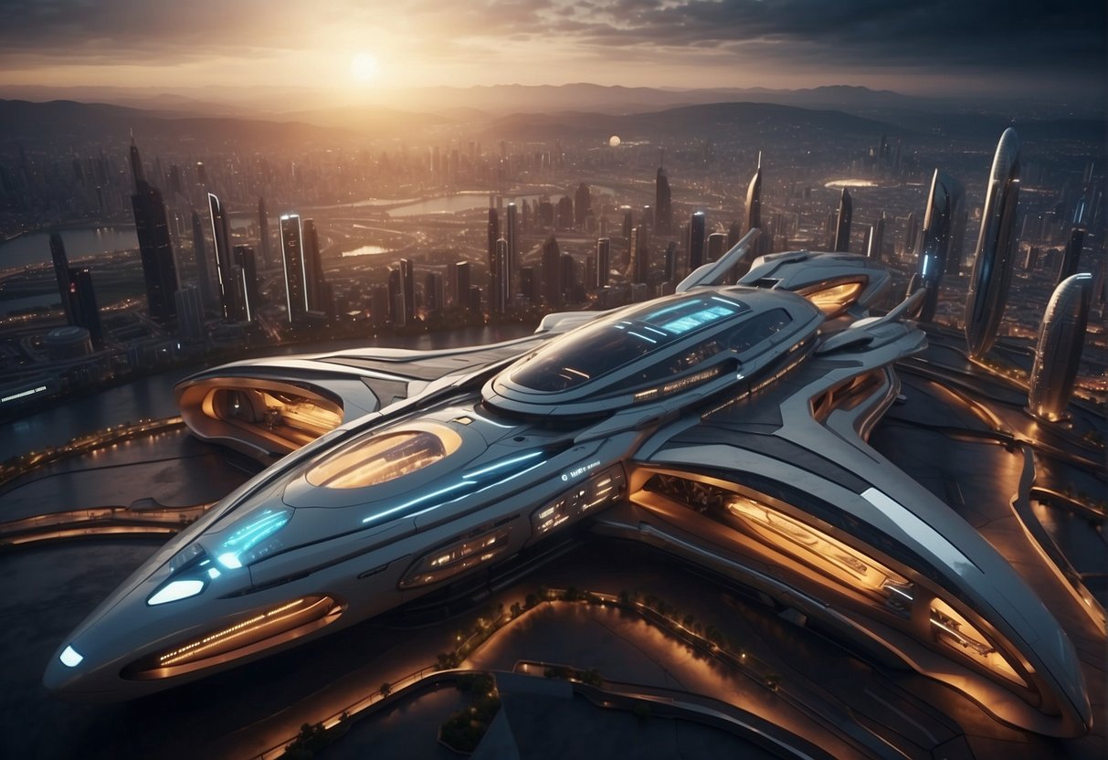A futuristic cityscape with sleek, towering buildings and advanced transportation systems. A spaceport with spacecraft launching into the sky, showcasing the influence of science fiction on space policy