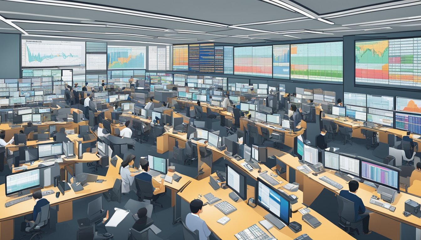 A bustling trading floor in Singapore, with brokers analyzing charts and graphs, using advanced tools and resources to make strategic investment decisions