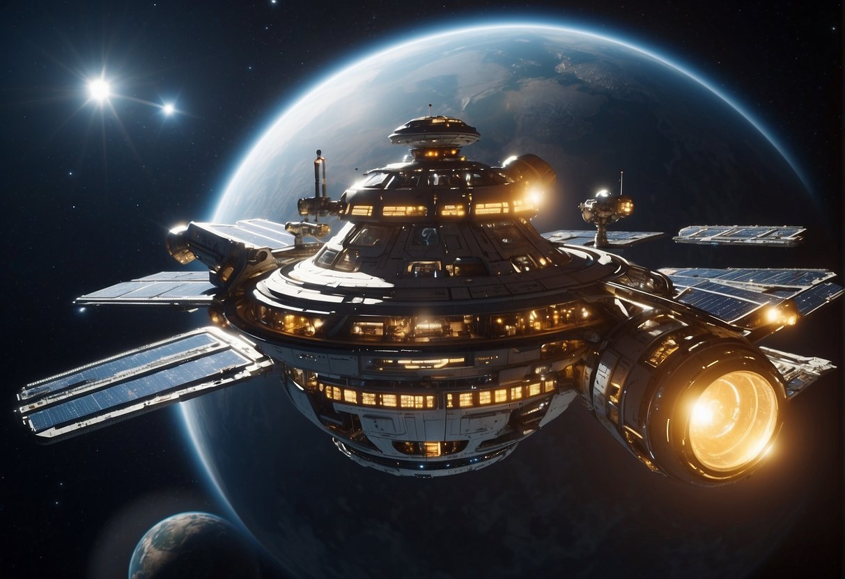A futuristic space station orbits a distant planet, surrounded by an array of advanced defense satellites and spacecraft. The station is equipped with cutting-edge technology, reflecting the militarization of space