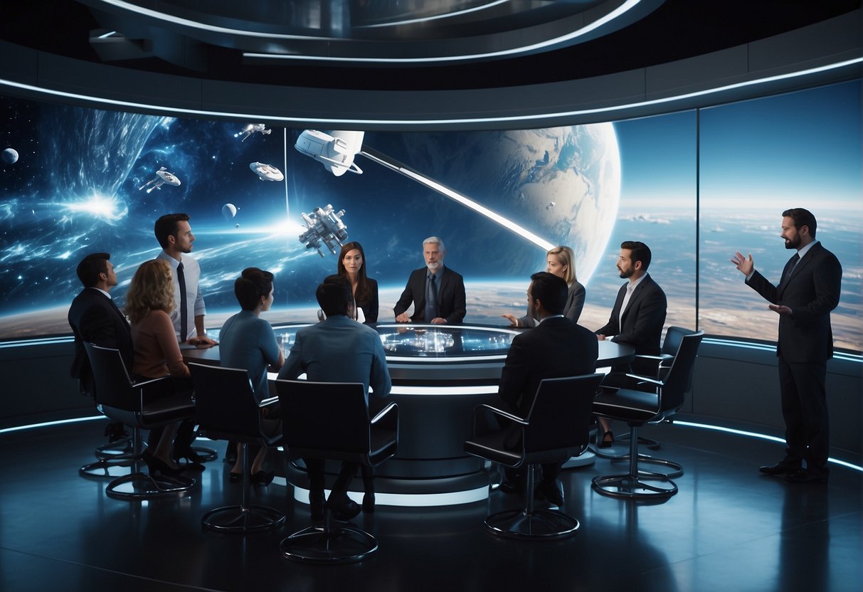 A group of people discussing futuristic space technology and policy, with images of sci-fi spacecraft and space exploration displayed on a screen