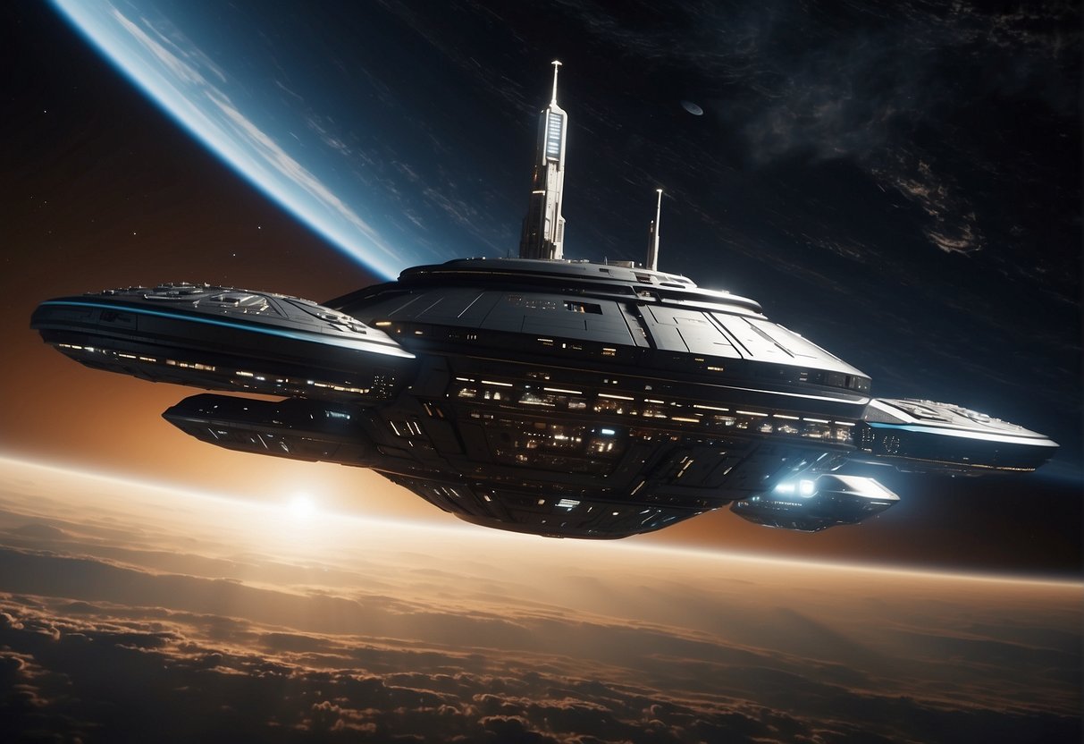 A sleek spacecraft hovers above a futuristic space station, surrounded by advanced technology and satellite arrays. The scene exudes a sense of cutting-edge innovation and the integration of science fiction into real-world space policy
