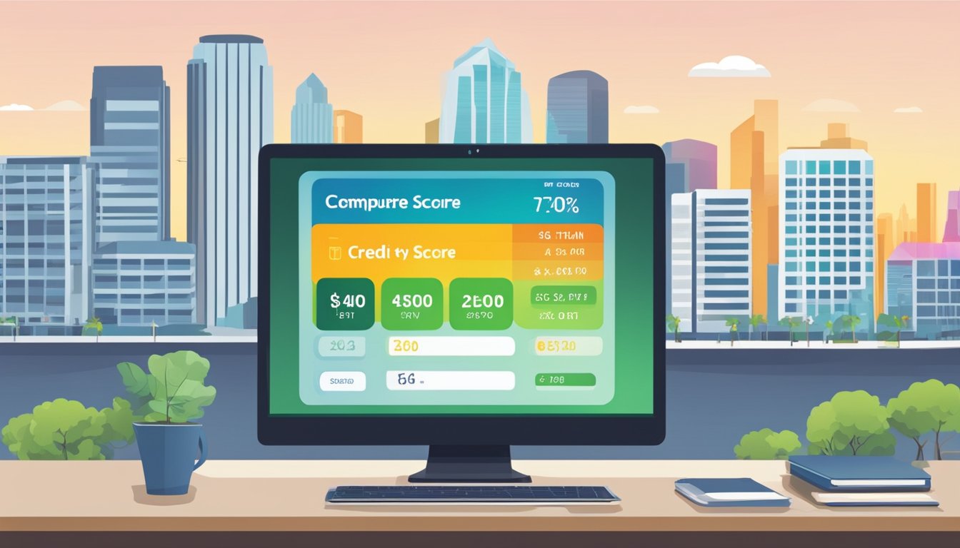A computer screen displaying a credit score report with the Singapore skyline in the background