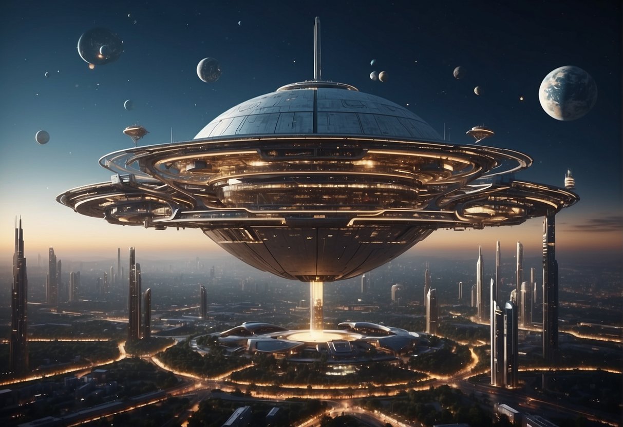 A futuristic space station with sleek, metallic architecture and advanced technology, surrounded by orbiting spacecraft and bustling with activity