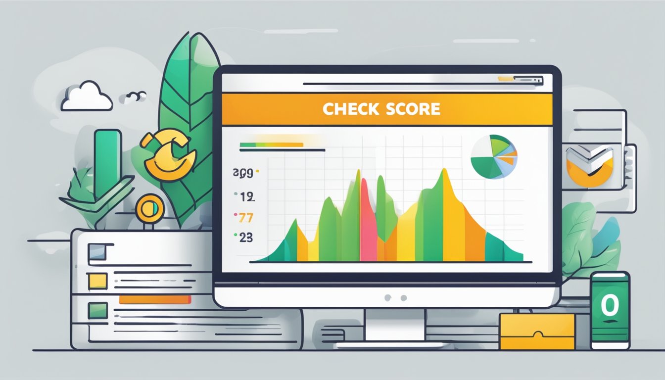 A computer screen displaying a rising credit score graph, with a mouse clicking on "check score" button
