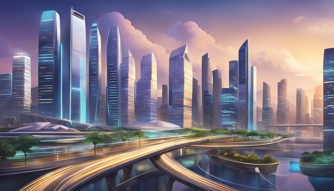 A sleek, modern cityscape with futuristic skyscrapers and high-tech infrastructure, showcasing Singapore's fastest internet