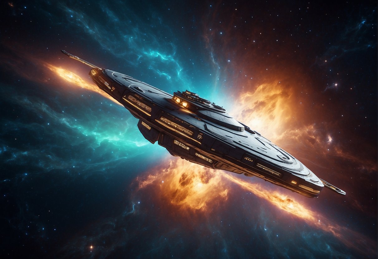 A spaceship hurtles through a vibrant nebula, its sleek design and glowing propulsion system illuminating the swirling clouds of gas and dust. The stars twinkle in the distance, creating a sense of wonder and adventure