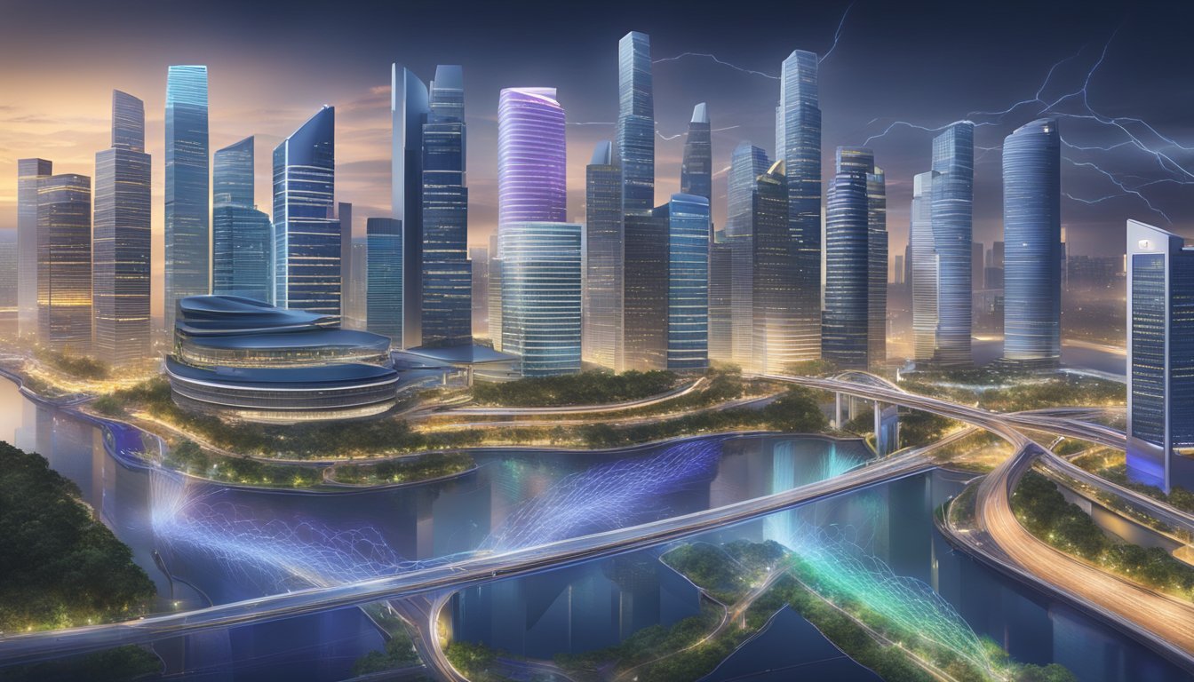 Singapore's lightning-fast internet landscape: sleek skyscrapers, fiber optic cables, and data centers buzzing with activity
