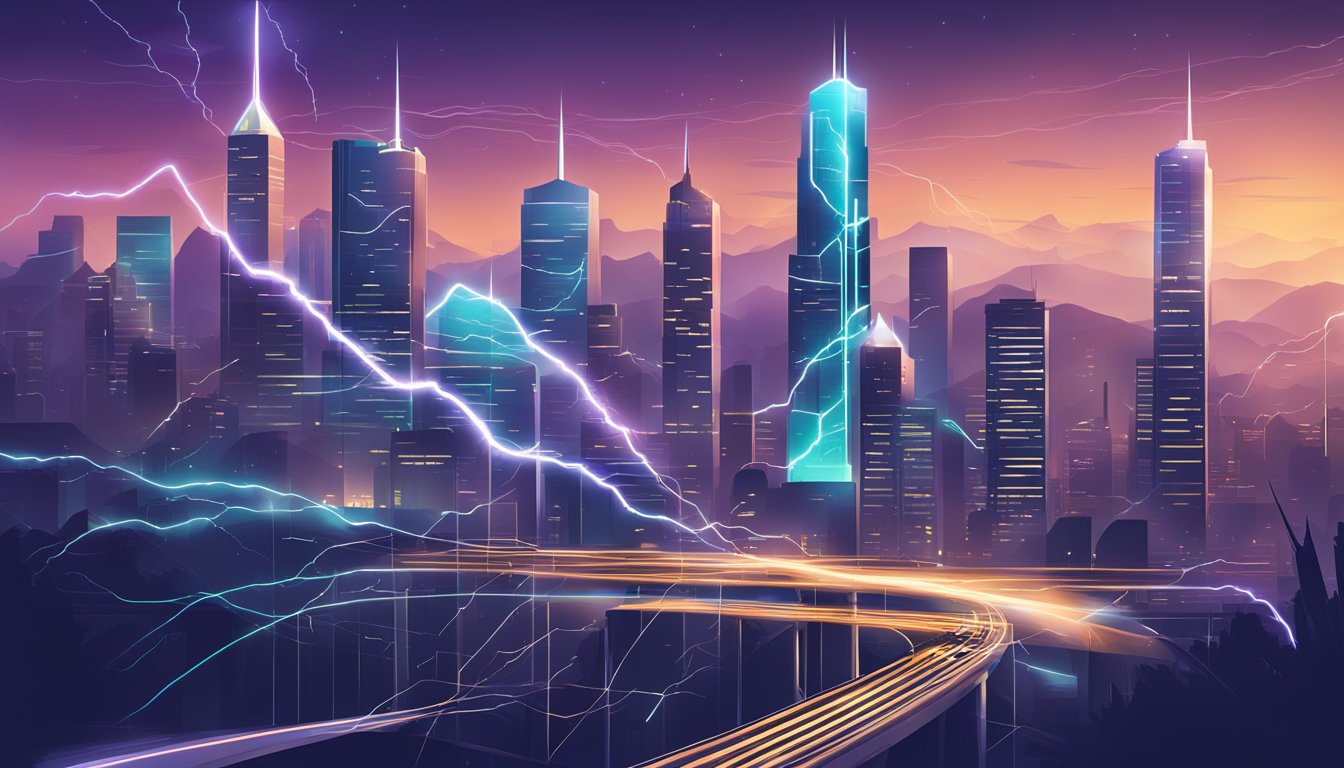 A sleek, modern city skyline with lightning-fast internet signals pulsing through the air
